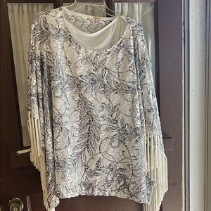 Reba Silver and White Patterned Blouse with Fringe